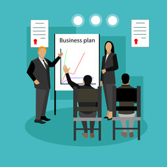 Vector banner concept with business presentations and meetings. Flat design of people or office workers.