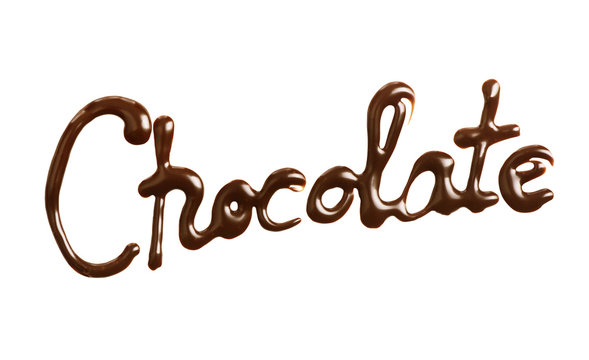 the word "Chocolate" written by liquid chocolate on white backgr