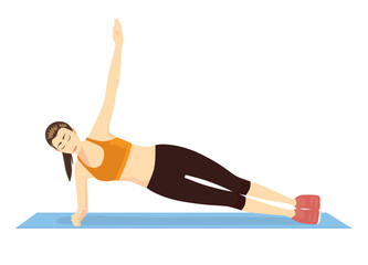 Woman doing a side plank for abdominal workout on blue mat. This illustration about fitness.