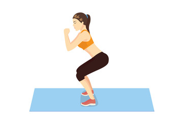 Fototapeta premium Woman get perfect butt and legs with squat workout on blue mat. Illustration about healthy lifestyle. 