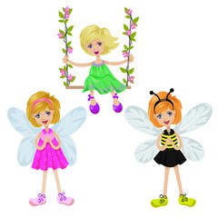 Isolated girl on a swing and two girls with fairy wings on white, vector illustration