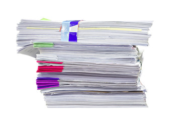Close up of business documents stack on white background