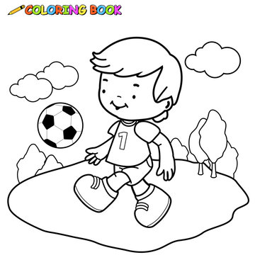 Little boy playing soccer. Vector black and white coloring page