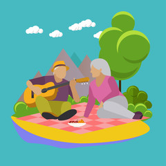 Vector illustration of summer recreation. Family picnic and camping in a park flat icons