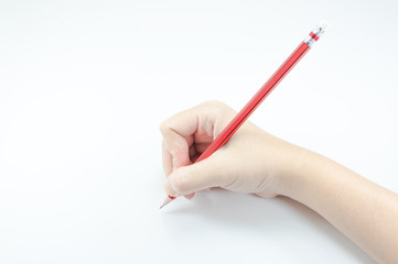 Woman's hand holding with red pencil  on white background