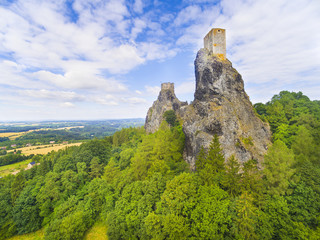 Ruins of gothic castle Trosky in National Park Cesky Raj (Czech Paradise). Aerial view to medieval monument in Czech Republic. Central Europe.