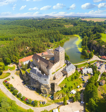 Gothic castle Kost in National Park Cesky Raj (Czech Paradise). Aerial view to medieval monument in Czech Republic. Central Europe.