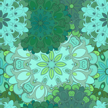 Emerald seamless pattern for oriental print or textil. Japanese designed flowered illustration. Eastern, indian, arabic, asian, turkish wrapping-paper or ethnic texture.
