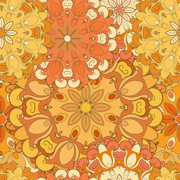 Orange seamless pattern for oriental print or decoration. Japanese designed flowered motif. Eastern, arabic, indian, asian, turkish wrapping-paper or ethnic background.