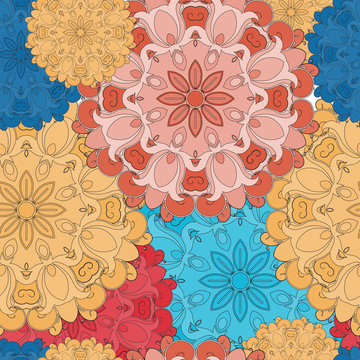 Full-colored seamless pattern for oriental flower print or decoration. Japanese designed motif of mandala. Eastern, arabic, indian, asian, turkish wrapping or ethnic ornament.