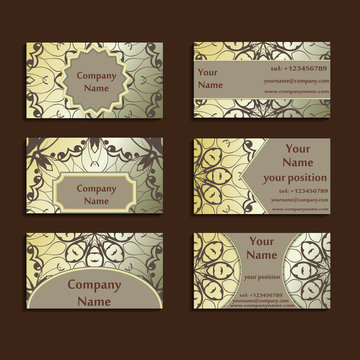 Set of three gilded visiting cards made in oriental style. Vintage designed calling-cards for business with beautiful eastern ornament. Floral art.
