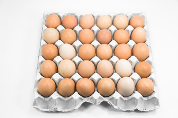 Eggs in paper tray on white background,Brown eggs in an egg carton