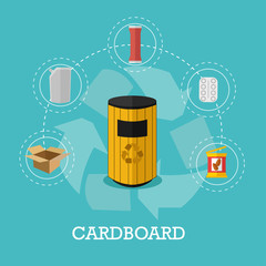 Garbage recycle concept vector illustration in flat style. Cardboard waste recycling poster and icons.
