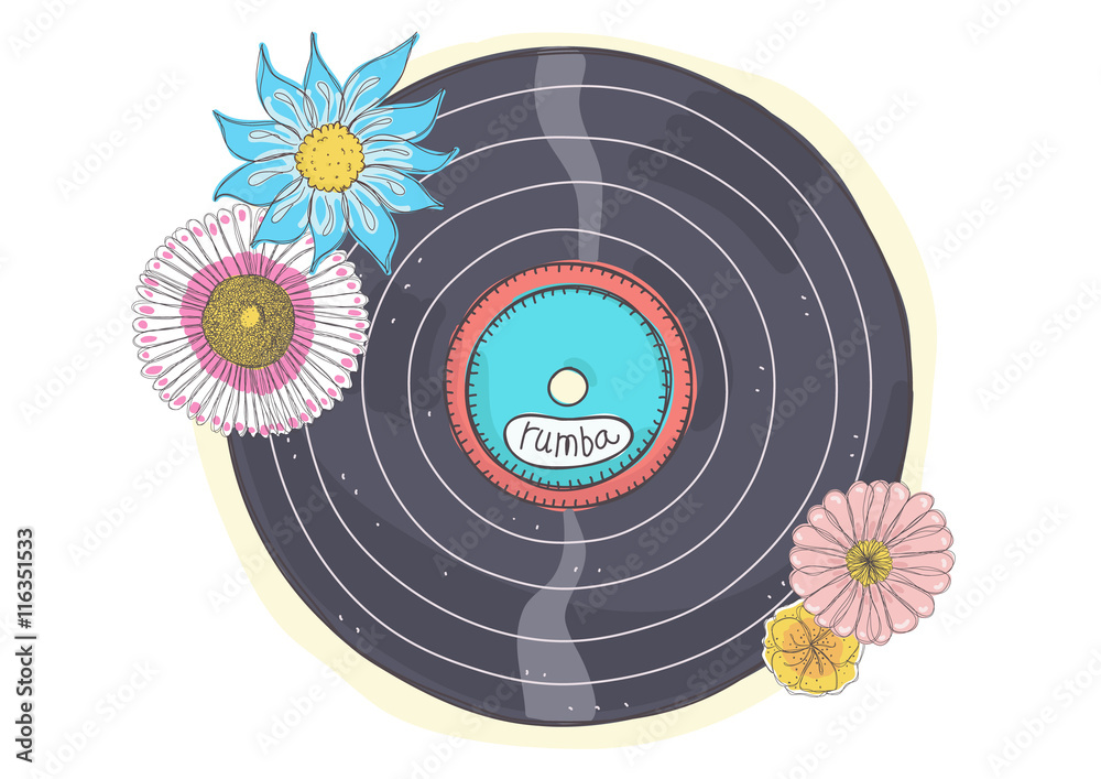 Wall mural doodle retro illustration of rumba vinyl record with flowers