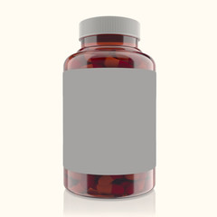 red transparent bottle with vitamins or medicines, gray cover, reflection, isolated on white background. mocap 3d render