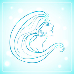 vector illustration of woman with long hair in blue colors on light background with bokeh effect