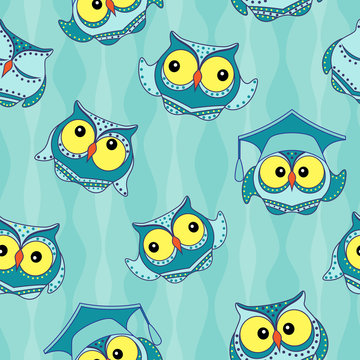 Amusing blue owls seamless pattern © natareal