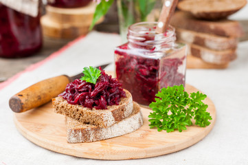Beetroot Relish Preserves on Rye Toast