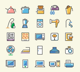 Set of 25 Minimalistic Solid Line Coloured Home Appliances Icons. Isolated Vector Elements.