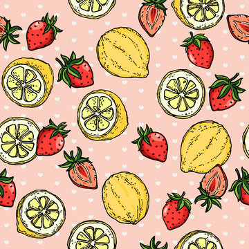 Lemon Strawberry Fruit Pattern. Retro Style Illustration Isolated Vector Background.
