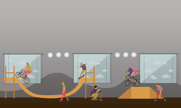 Vector illustration of people on bicycle, skateboard, rollers and scooter. Teenager makes tricks, stunts. Skate park banners.