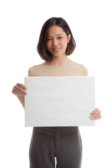 Young Asian business woman with white blank sign  isolated on white background