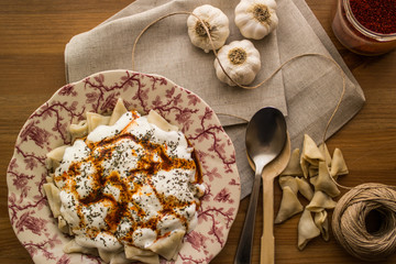 Manti / Turkish Ravioli with yogurt.