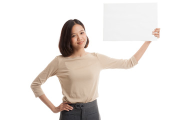 Young Asian business woman with white blank sign  isolated on white background