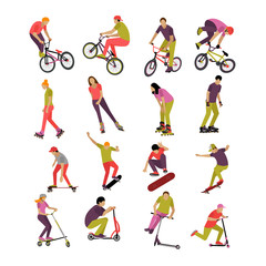 Vector set of people on bicycle, skateboard, rollers and scooter. Sport design icons. Teenager makes tricks, stunts.