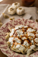 Manti / Turkish Ravioli with yogurt.