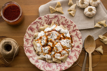Manti / Turkish Ravioli with yogurt.
