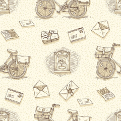 Seamless Pattern with Bicycles, Envelopes, Mailboxes and Letters