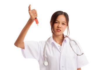 Crazy Young Asian female doctor hold a syringe  isolated on white background