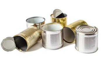 Used metal cans on a white background. Waste management.