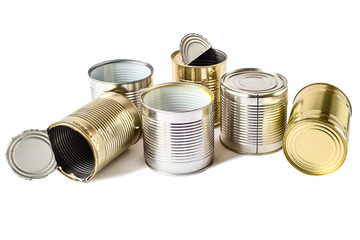 Used metal cans on a white background. Waste management.