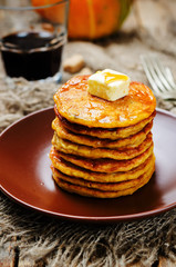 Banana Pumpkin Pancake with butter and maple syrup