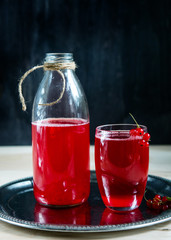 Homemade lemonade on a silver tray in the bottle and glass
