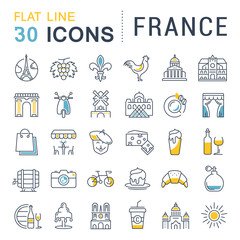Set Vector Flat Line Icons France and Paris
