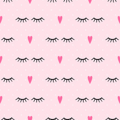 Abstract pattern with closed eyes and pink hearts. Cute eyelashes illustration on polka dot background. Design for textile, wallpaper, web, fabric and decor.