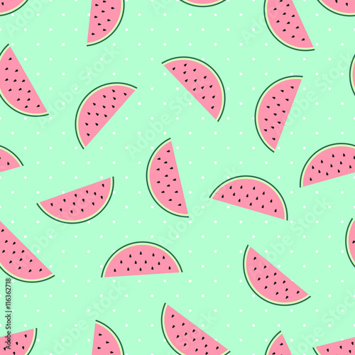 Pink Watermelon Slices Seamless Pattern On Mint Green Polka Dots Pink Watermelon Slices Seamless Pattern On Mint Green Polka Dots Background Cute Fruit Summer Food Vector Ilration Fashion Design For Textile