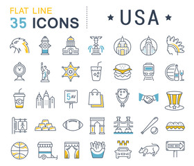 Set Vector Flat Line Icons USA and America © M.Style