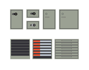 Safes and cabinets for storage of money and documents isolated on white background. Flat style. Vector