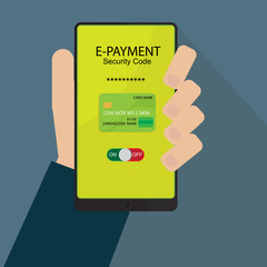 Human hand with Smart-phone nfc payments concept, E-payment technology. vector illustration in flat design.
