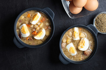 The sour soup made of rye flour with eggs