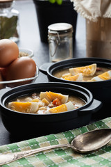 The sour soup made of rye flour with eggs