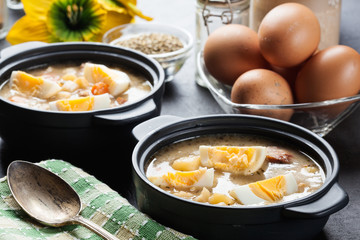 The sour soup made of rye flour with eggs