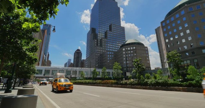 NEW YORK - Circa July, 2016 - A daytime establishing shot of traffic on West Street in lower Manhattan.  	