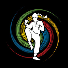 Drunken Kung fu pose designed on spin wheel background graphic vector.