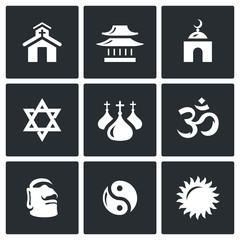Vector Set of Religion Icons. Catholic, Buddhism, Islam, Judaism, Christianity, Hinduism, Idolatry, Taoism, Paganism. 
