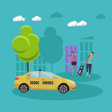 Taxi service company concept vector banner. People catch cab on a street.